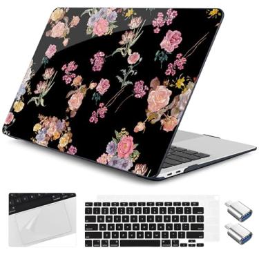 Imagem de Yebiseven Capa para MacBook Air de 13 polegadas M1 2021 2020 2019 2018 modelo A2337/A2179/A1932, capa rígida para laptop com capa de teclado e protetor de trackpad e 2 adaptadores OTG, preto floral