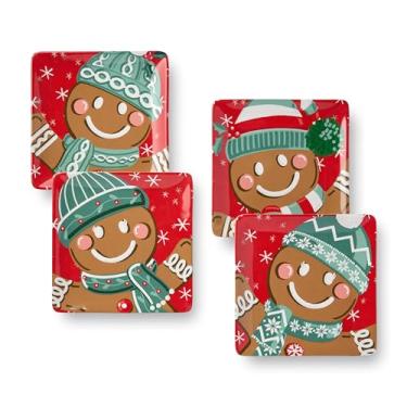 Imagem de Pratos de sobremesa Christmas Whimsy Gingerbread de 21,6 cm, conjunto de 4 – adoráveis pratos quadrados de Natal com designs festivos de gengibre – Servir de cerâmica alegre para sobremesas e festas