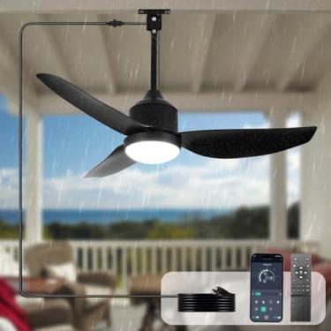 Imagem de Ventiladores de teto externos plug-in BvenuBigLit: Ventiladores de teto suspensos pretos com luz - Ventiladores de gazebo impermeáveis de 106 cm com controle remoto de aplicativo para gazebo pérgola