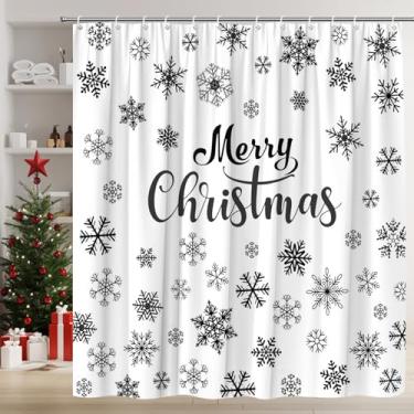 Imagem de AMFD Cortina de chuveiro de floco de neve de inverno preto branco floco de neve Feliz Natal Feliz Natal Cortinas de banheiro decoração conjunto de tecido inclui ganchos, (177,8 cm WX70 H)