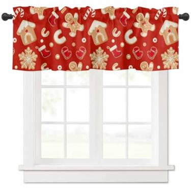 Imagem de CosyBright Cortina curta com bolso de varão de gengibre para janela de Natal, 137 x 45 cm, floco de neve, vermelho, para quarto, banheiro, café