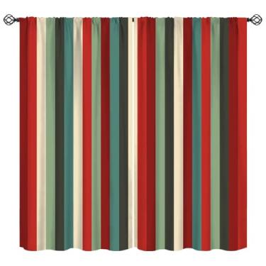 Imagem de Cortinas listradas vintage, meados do século, colorido, vermelho, verde, vertical, listras, geométricas, clássicas, cortinas de tratamento de janela, para casa de fazenda, quarto, sala de estar