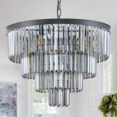 Imagem de Lustres modernos de cristal preto de 61 cm para teto redondo fumê cinza lustre de cristal luxuoso 4 níveis 12 luzes pingente luminária contemporânea para sala de jantar, hall de entrada, escada, sala