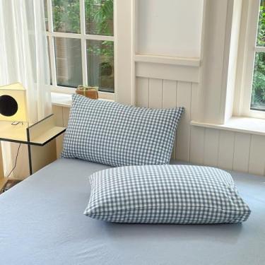 Imagem de Conjunto de fronhas de guingão azul, cama de fazenda, tamanho king, fronhas xadrez azul búfalo, conjunto de 2, capas de travesseiro de algodão lavado guingão quadriculado com fecho de envelope, 51 cm