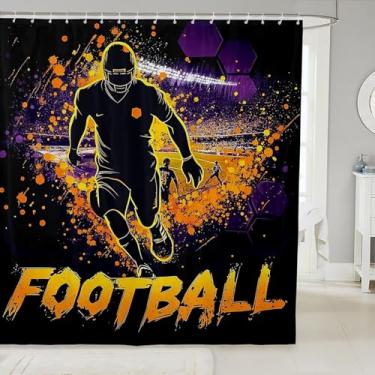 Imagem de Manfei Cortinas de banheiro hexagonais geométricas roxas de futebol, cortinas de banho com bola de favo de mel à prova d'água com 12 ganchos para banheira, decoração de quarto de meninos, 183 cm L x