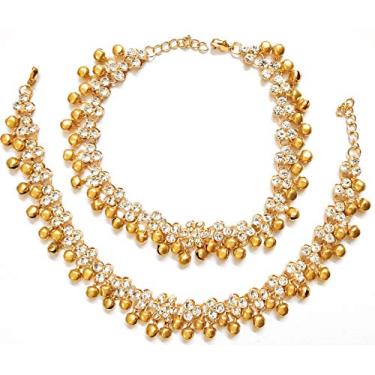 Imagem de Joias de tornozeleira indiana estilo étnico Bollywood banhado a ouro CZ pedras de casamento Ghungroo Banjara Payal, Large, liga metálica, Pérola