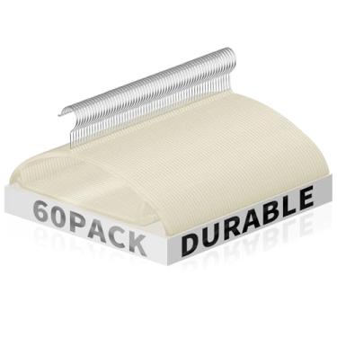 Imagem de Jiang&Rong Pacote com 60 cabides de veludo bege, cabide de terno sem batidas, ultrafino, com economia de espaço, cabide antiderrapante, cabide arredondado para suéter, jaquetas, calças e camisas