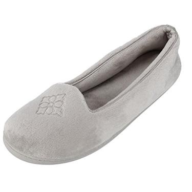 Imagem de Dearfoams Pantufa feminina confortável de balé Rebecca com espuma viscoelástica para uso interno e costas fechadas com larguras amplas, Veludo estanho, 11-12