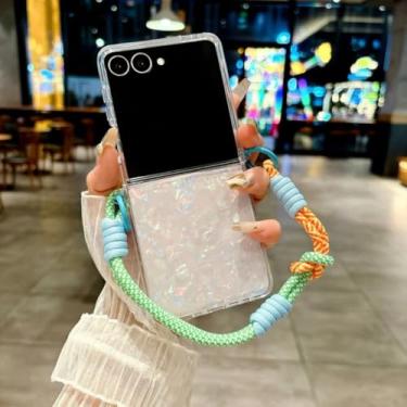 Imagem de Capa para Galaxy Z Flip5 com estampa de concha rígida de PC, alça de pulso fina, proteção contra quedas (para Galaxy Z Flip5/branco verde)