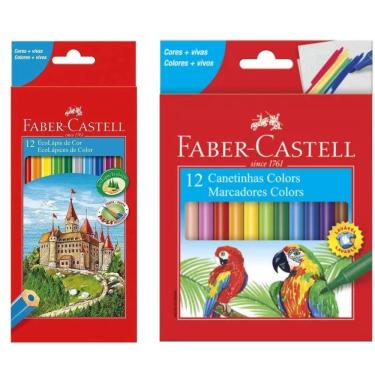 Imagem de Kit Escolar Infantil Lápis De Cor + Canetinha Hidrográfica 12 Cores Faber-castell