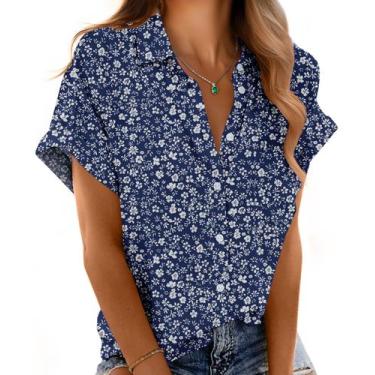 Imagem de Blusa feminina Mintreus de manga curta com botões azul S Flower-L