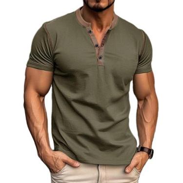 Imagem de Camisa Henley Gleam Ledra masculina de manga curta, algodão, verde