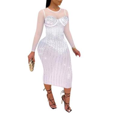Imagem de Vestido PORRCEY Hot Drilling Craft Sexy de manga comprida branco 3GG