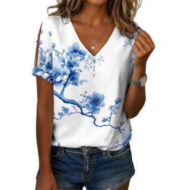 Imagem de Camisa feminina Medlor, manga curta, floral, solta, decote em V, 2025,