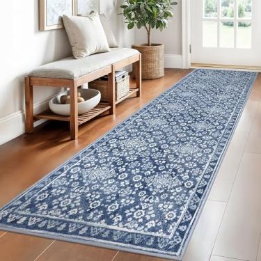 Imagem de SILOLOOM Tapete de corredor vintage, 6 x 20 cm, azul jeans, branco, lavável, antiderrapante, tapete de corredor de cozinha, tapete fino floral de lã sintética para ambientes internos e cabeceiras