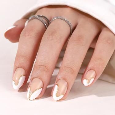 Imagem de RTKHFZE Unhas de pressão – Unhas falsas curtas de amêndoa francesa com folha dourada, cola de gel macia, ajusta-se perfeitamente (reutilizável) em 16 tamanhos - kit de 32 peças