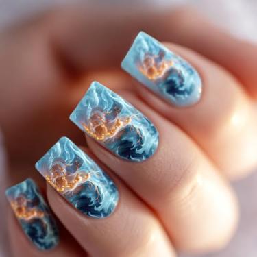 Imagem de NGMATY Adesivo de unhas quadrado com glitter, unhas postiças vermelhas e azuis, design moderno de cola nas unhas, raios e chamas para mulheres, unhas postiças artificiais, cobertura completa (padrões