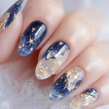 Imagem de RUOKEXIN Unhas postiças de comprimento médio, unhas postiças ombré, azuis, com desenhos, unhas artificiais com glitter, cola acrílica, pregos, 24 peças