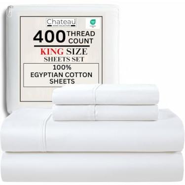 Imagem de Jogo de Lençóis King Size 100% Algodão Egípcio com Elástico Totalmente Elástico, Coleção Hotel 400 Tc, Conjunto de Lençóis King com Bolso Profundo Sem Comprimidos Macio Respirável Luxo Branco