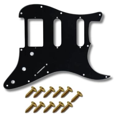 Imagem de Kit Escudo P Guitarra Strato Hss Preto + 11 Parafuso Dourado