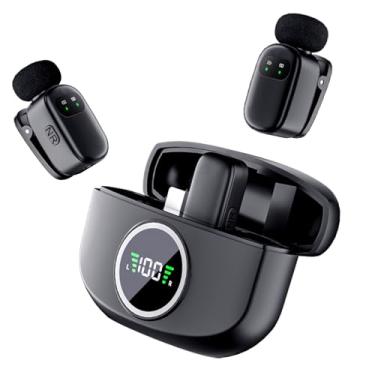 Imagem de Microfone de lapela sem fio para iPhone/Android, microfones de lapela com plugue tipo C, mini microfone com cancelamento de ruído de 2,4 GHz, capa de carregamento incluída, alcance de 24,4 m para