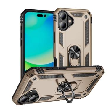 Imagem de SORAKA Capa para iPhone 16 Plus com suporte de anel, capa protetora para iPhone 16 Plus, capa traseira de policarbonato rígido com placa de metal para suporte magnético de telefone e carro dourado