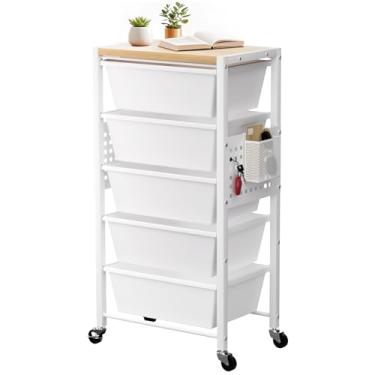 Imagem de Carrinho de rodinhas com 5 gavetas, carrinhos de armazenamento de gaveta de plástico com rodas e mesa de madeira, carrinho utilitário de metal com pegboards, escritório, sala de estar, sala de aula