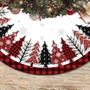 Imagem de Saia de árvore de Natal para árvore de Natal de 1,8 m, árvore de Natal de 81 cm para cobertura de base, decorações de Natal, xadrez vermelho e preto, decoração de Natal do país das maravilhas para