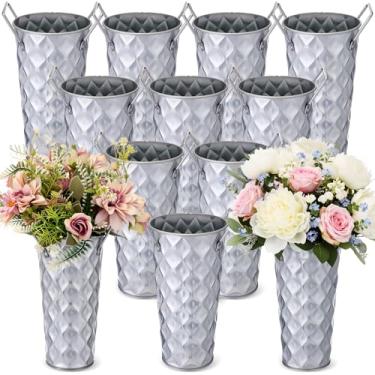 Imagem de Ninehaoou Balde de flores galvanizado, 12 peças, vasos de metal de 22 cm para flores, fazenda, balde francês com alças, vasos florais para bar, casa, buquê, mesa, centro de mesa, suprimentos de