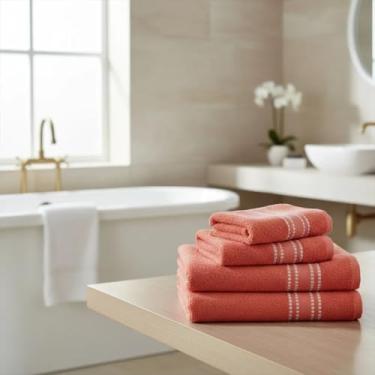 Imagem de Jogo de Toalhas Linea Camesa, 4 Peças, Banho e Rosto, Algodão e Poliéster, Branco, 265g/m², 120x62cm e 70x45cm (Coral)