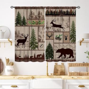 Imagem de Cortinas retrô de cabine, rústica, urso, cervo, caça, animal selvagem, xadrez, aventura, fazenda, tratamentos de janela para quarto, sala de estar, cozinha, cortinas 69,8 cm L x 99 cm C, conjunto de 2