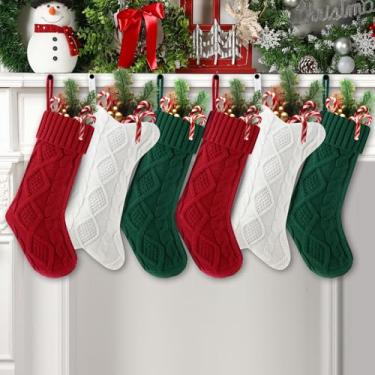 Imagem de Soulchen 6 peças meias de Natal 45,7 cm grande cabo tricotado lareira pendurada meia de Natal 38 cm osso cachorro meia de natal para árvore de Natal da família, férias, decoração de lareira (vermelho