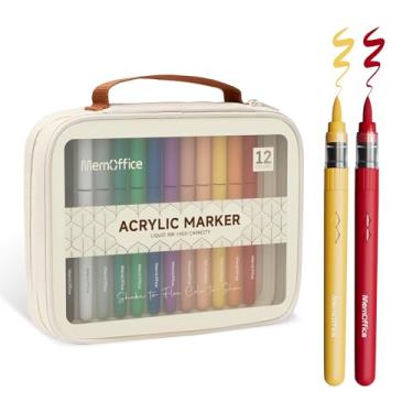 Imagem de MemOffice Marcadores de tinta acrílica líquida direta, canetas de ponta de pincel de 12 cores com estojo de transporte, sem derramamento, à prova d'água, para rocha, madeira, tela, vidro, tecido