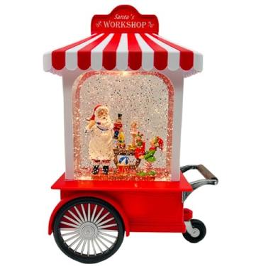 Imagem de Luminária Natalina Decorativa, Carrinho de Pipoca 16cm com Papai Noel, Globo de Neve Iluminado, Vermelho e Branco, Luz Quente