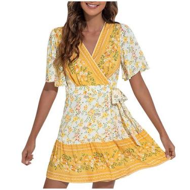 Imagem de Vestido feminino verão casual manga curta com decote em v vintage esta
