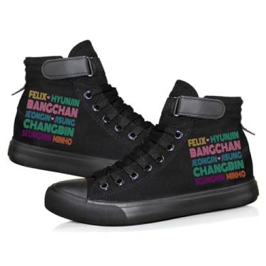 Imagem de KPOP Skz Shoes Tênis Felix Bang Chan Lee Know ChangBin Han I.N HyunJin Seungmin Hiphop Sapatos de lona de cano alto, Preto - 02, 9.5 US Women/8 US Men