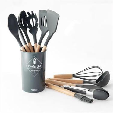 Imagem de Conjunto de Utensílios de Cozinha 12 Peças Silicone Cabo de Madeira Balde Decorativo Resistente a Alta Temperatura 40°C à 230°C Kit Culinário Completo Prático Para Dia a dia (Cinza)