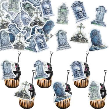 Imagem de Gyufise 54Pcs Edible Tombstones Cupcake Toppers 30Pcs Novelty Mini Shovel Spoons Wafer Paper Halloween RIP Graveyard Cupcake Toppers for Halloween Eve Theme Party Birthday Decor SuppliesBlack White