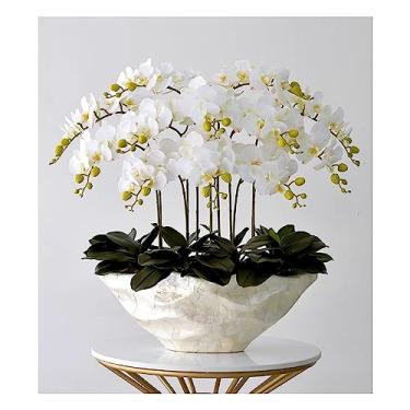 Imagem de DCYEQRQ Flor artificial em vaso flores de seda frescas realistas orquídeas em vaso Phalaenopsis artificiais arranjo de flores com vaso borboleta branca orquídeas decoração para casa/quarto/O