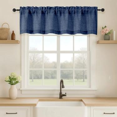 Imagem de OVZME Cortina de cozinha com saia curta texturizada de linho sintético com filtro de luz azul marinho, cortina de janela curta com bolso duplo para varão, para banheiro, porão, casa de fazenda, 1 peça