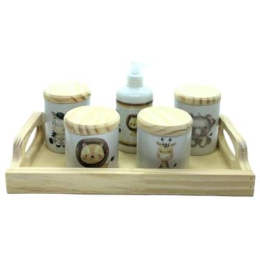 Imagem de Kit higiene bebê Safari 6 peças - Bandeja, potes, porta álcool - Peças Porcelana Bandeja e Tampas Pinus