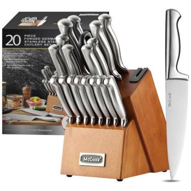 Imagem de Conjunto de Facas em Aço Inoxidável com Afiador Embutido e Bloco de Bancada 20 Peças, MCCOOK MC69W, Prateado