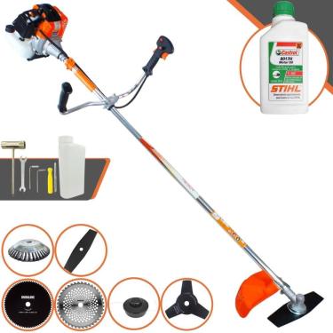 Imagem de Roçadeira À Gasolina Vulcan VR430-S 43cc Com Lâmina 2 Pontas e Carretel + Facas 3 Pontas, 40 Dentes de Vídea, 80 Dentes, Escova de Aço + ÓLEO STIHL