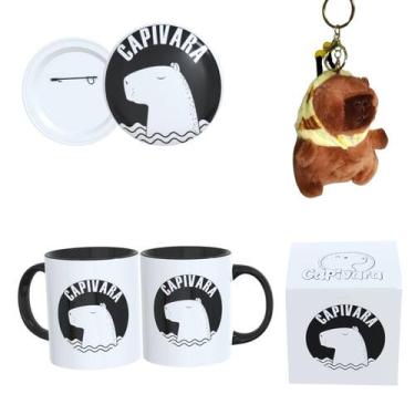Imagem de Kit Completo Capivara  Caneca Estampada, Botton 4,4cm, Pelúcia de Capi