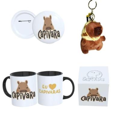 Imagem de Kit Completo Capivara  Caneca Estampada, Botton 4,4cm, Pelúcia de Capi
