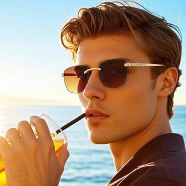 Imagem de Óculos de sol com armação de metal para homens e mulheres – Óculos elegantes e elegantes para o verão, viagens, atividades ao ar livre e dirigir, 1 moldura dourada brilhante/fatias de chá progressivas