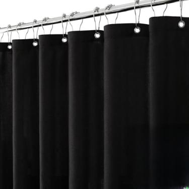 Imagem de Jolilight Cortina de chuveiro de linho preto de 182 cm de comprimento, conjunto de cortina de banho de tecido resistente com 12 ganchos de plástico, cortina de chuveiro de luxo de qualidade para hotel