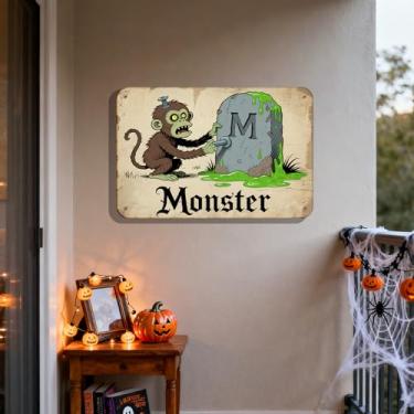 Imagem de 1 peça de arte de parede de macaco zumbi com parafuso de lápide de ferro - Pintura de decoração de Halloween divertida assustadora, tema de monstro para pendurar em metal para sala de estar e festa