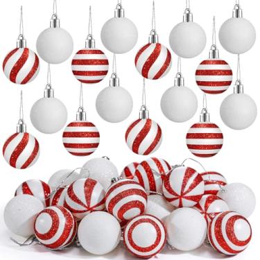 Imagem de Motionchic 24 peças de enfeites de bola de Natal pendurados com glitter à prova de estilhaçamento, mini bolas de doces de plástico vermelho e branco, decorações de árvore de Natal para árvores de