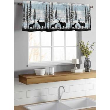 Imagem de Cortinas para Janelas Urso Veado Floresta Janela Sanefa Bolso Animal Azul Grão Madeira Decoração Cortina para Cozinha Sala de Estar Quarto 137 cm x 45 cm